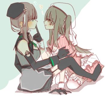 2girls assault_lily beret black_dress black_gloves black_hair black_hat black_thighhighs blush breasts brown_hair cleavage closed_mouth commentary dress elbow_gloves eye_contact face-to-face finger_to_another&#039;s_mouth flower flying_sweatdrops frilled_dress frilled_thighhighs frills full_body garter_straps gloves green_background green_eyes grey_dress hair_flower hair_ornament hair_over_shoulder hair_ribbon hand_on_another&#039;s_arm hand_up hat heart highres knee_up kneeling kuo_shenlin long_hair looking_at_another medium_breasts multiple_girls no_shoes official_alternate_costume one_side_up parted_lips pink_dress profile puffy_short_sleeves puffy_sleeves ribbon rui_rui_rui0122 short_sleeves sitting sleeveless sleeveless_dress smile striped_clothes striped_dress tassel tassel_hair_ornament thighhighs tilted_headwear two-tone_dress vertical-striped_clothes vertical-striped_dress wang_yujia white_background white_dress white_flower white_hat white_ribbon white_thighhighs wrist_cuffs yellow_eyes yuri