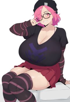 1girl arm_up beanie black-framed_eyewear black_hat black_shirt black_thighhighs blush breasts cleavage coco_(setawar) commission glasses hat highres huge_breasts layered_sleeves long_sleeves m/ original pink_eyes pink_hair red_skirt shirt short_hair short_over_long_sleeves short_sleeves sitting skindentation skirt smile solo striped_clothes striped_sleeves striped_thighhighs t-shirt thick_thighs thighhighs thighs white_background