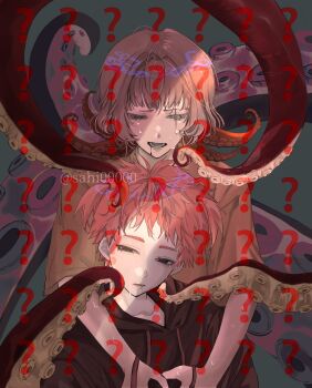 1boy 1girl ? ?? black_eyes black_hoodie blood blood_from_mouth brown_hair choppy_bangs commentary_request crying crying_with_eyes_open fainting grey_background half-closed_eyes heterochromia highres hood hood_down hoodie hug hug_from_behind looking_at_another looking_at_viewer open_mouth orange_shirt original red_hair sahi00000 scar scar_across_eye scar_on_face shirt short_hair short_sleeves tears tentacle_girl tentacles yellow_eyes