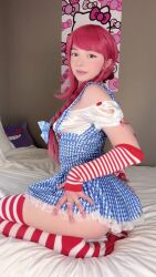 1girl ahegao animated arm_tattoo ass bed_sheet blue_dress braid breasts clothes_lift clothes_pull cosplay dress dress_lift dress_pull elbow_gloves female_focus flashing gen_1_pokemon gengar gloves grabbing_own_breast hello_kitty hello_kitty_(character) highres huge_filesize jiggle long_hair looking_at_viewer miamiaxof nintendo nipples panties patterned_clothing photo_(medium) pokemon red_hair sanrio seiza side-tie_panties sidelocks sitting small_breasts solo spanked spanking spanking_self spread_legs striped_clothes striped_gloves striped_panties striped_thighhighs tagme tattoo teasing thighhighs thong tongue tongue_out twintails underwear video wendy's wendy_(wendy's) wendy_(wendy's)_(cosplay)