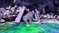 2boys 2girls animated ass bleach bleach:_sennen_kessen-hen breasts carrying cleavage cleavage_cutout clothing_cutout dark-skinned_female dark_skin hair_ornament inoue_orihime kneeling kurosaki_ichigo large_breasts leotard long_hair multiple_boys multiple_girls night orange_hair outdoors prehensile_hair princess_carry purple_hair revealing_clothes rubble sado_yasutora shihouin_yoruichi sitting sound source_request tagme video