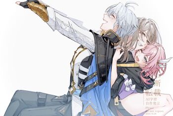 1boy 2girls ahoge black_coat black_pants blue_cape blue_eyes cape coat commentary_request cyrene_(aedes_elysiae)_(honkai:_star_rail) cyrene_(honkai:_star_rail) honkai:_star_rail honkai_(series) hug multiple_girls pants phainon_(honkai:_star_rail) purple_coat purple_eyes short_hair simple_background stelle_(honkai:_star_rail) trailblazer_(honkai:_star_rail) white_background white_coat zzz0du