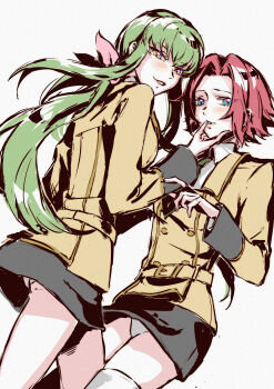 2girls absurdres ashford_academy_school_uniform ass blue_eyes c.c. code_geass commentary_request finger_to_another&#039;s_mouth green_hair hashtag-only_commentary highres kobayashiyouyouko kouzuki_kallen long_hair looking_at_viewer miniskirt multiple_girls panties pantyshot ponytail red_hair school_uniform short_hair simple_background skirt smile thighhighs underwear white_background white_panties white_thighhighs yellow_eyes
