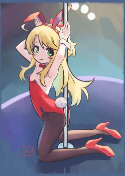 1girl absurdres ahoge animal_ears armpits ass between_buttocks blush_stickers bow bowtie brown_pantyhose closed_mouth clothing_aside collar elementary_(lolipope) fake_animal_ears flat_chest from_side full_body high_heels highres himesaka_noa kneeling leotard leotard_aside looking_at_viewer looking_to_the_side nipples pantyhose playboy_bunny pole_dancing rabbit_ears rabbit_pose red_bow red_bowtie red_footwear red_leotard signature smile solo stiletto_heels watashi_ni_tenshi_ga_maiorita! white_collar white_wrist_cuffs wrist_cuffs