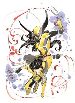 2girls black_bodysuit black_gloves black_hair blood bodysuit boots claw_(weapon) comic_cover cover cover_page cowl flower gabrielle_kinney gloves green_eyes highres honey_badger_(marvel) jewelry laura_kinney long_hair looking_at_viewer marvel multicolored_bodysuit multiple_girls necklace official_art peach_momoko purple_flower scar scar_across_eye scar_on_face siblings sisters superhero_costume textless_version weapon white_background wolverine_(x-men) x-men x-uniform yellow_bodysuit yellow_boots yellow_gloves