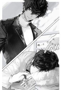 absurdres amamiya_ren black_coat black_jacket chair chinese_commentary classroom coat commentary_request desk glasses highres jacket kun_zhan_qishi maruki_takuto on_desk persona persona_5 persona_5_the_royal school school_chair school_desk school_uniform sitting sleeping teacher white_background window