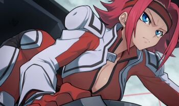 1girl bent_over blue_eyes bodysuit breasts cleavage closed_mouth cockpit code_geass commentary feet_out_of_frame flipped_hair from_below from_side glaring gloves hata4564 headband highres kouzuki_kallen medium_breasts parted_bangs red_bodysuit red_gloves red_hair red_headband short_hair solo v-shaped_eyebrows