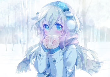 Rule 34 | 1girl, bare tree, blue eyes, blue sweater, blurry, blurry background, blush, carnelian, commentary request, earmuffs, eating, enpera, food, hair between eyes, highres, holding, holding food, jacket, kantai collection, long hair, long sleeves, looking at viewer, outdoors, purple scarf, revision, scarf, sleeves past wrists, snow, solo, steamed bun, sweater, tree, u-511 (kancolle), upper body, white hair, white jacket, winter clothes