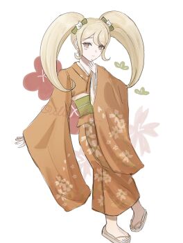 Rule 34 | 1girl, blonde hair, blush stickers, bow, cat hair ornament, commentary request, danganronpa (series), danganronpa 2: goodbye despair, dontsu (illu5i0ns), floral print, flower, green bow, hair bow, hair ornament, highres, japanese clothes, kimono, long sleeves, orange kimono, saionji hiyoko, sandals, smile, solo, twintails, white background, wide sleeves
