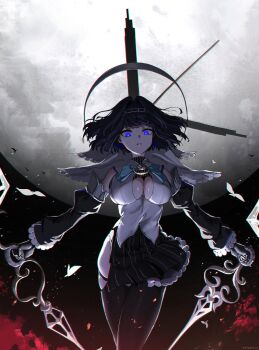 1girl artist_name black_gloves black_hair black_shirt black_skirt black_sleeves black_thighhighs blue_eyes blue_gem bow bow_earrings breasts bright_pupils chain chain_headband clenched_teeth clothing_cutout commentary cowboy_shot crop_top crossed_legs detached_sleeves dual_wielding earrings embers floating_hair frilled_skirt frills full_moon gem gloves hair_intakes half-skirt halo heart-shaped_gem highres holding holding_sword holding_weapon hololive hololive_english jewelry kotodekun large_breasts looking_at_viewer mechanical_halo moon night ouro_kronii ouro_kronii_(1st_costume) pinstripe_pattern pinstripe_shirt pinstripe_skirt pleated_skirt shirt short_hair simple_bird skirt sleeveless sleeveless_shirt smoke solo standing sword symbol-only_commentary teeth thighhighs underboob_cutout veil virtual_youtuber weapon white_pupils white_shirt white_veil