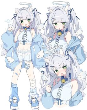 Rule 34 | 1girl, @ @, animal collar, animal ears, asymmetrical legwear, bare shoulders, bell, blue halo, blue hoodie, blue leg warmers, blue nails, blue ribbon, blue shoes, blush, breasts, cat ears, cat girl, cat tail, collar, commission, crop top, green eyes, grey hair, grey tail, hair ornament, hair ribbon, halo, halterneck, highres, hood, hood down, hoodie, indie virtual youtuber, jingle bell, leg warmers, looking at viewer, maten matyu, medium breasts, melting halo, midriff, mismatched legwear, multiple views, nail polish, napenasupe, navel, open clothes, open hoodie, outline, pale skin, puffy shorts, ribbon, second-party source, shirt, shoes, short shorts, shorts, skeb commission, sneakers, tail, tail ornament, tail ribbon, two side up, white background, white leg warmers, white outline, white shirt, white shorts, x hair ornament