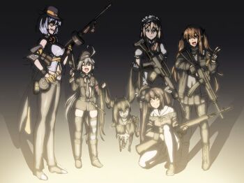 6+girls ahoge assault_rifle battle_rifle bikini bikini_top_only black_bikini black_hair black_legwear blonde_hair brown_hair c96_(girls&#039;_frontline) cigarette closed_eyes damaged denim dress drum_magazine eotech fingerless_gloves g36_(girls&#039;_frontline) garrison_cap girls&#039;_frontline glasses gloves gun h&amp;k_g36 h&amp;k_ump hair_between_eyes hair_ornament hair_ribbon hand_on_own_hip handgun hat headphones headphones_around_neck henshako holding holding_own_hair kneeling long_hair m14 m14_(girls&#039;_frontline) magazine_(weapon) maid maid_headdress mauser_c96 mouth_hold multiple_girls necktie on_one_knee one_eye_closed open_mouth ouroboros_(girls&#039;_frontline) ribbon rifle silver_hair submachine_gun swimsuit thighhighs thompson_(girls&#039;_frontline) thompson_submachine_gun tongue tongue_out torso_only trigger_discipline twintails ump9_(girls&#039;_frontline) upper_body v very_long_hair weapon yellow_eyes yellow_gloves