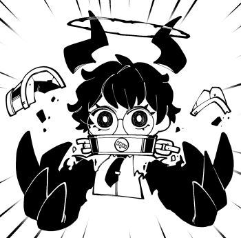 1girl broken claws collar commentary_request covered_mouth cuffs demon_horns e.g.o_(project_moon) emphasis_lines glasses halo horns korean_commentary limbus_company looking_at_viewer necktie procuration_(e.g.o) project_moon short_hair solo sora_(project_moon) teeny_(nonzone)