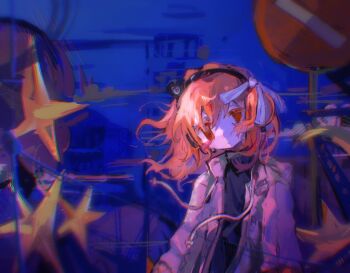 1girl a.i._voice adachi_rei arms_at_sides black_shirt blush_stickers closed_mouth coat floating_hair hair_ribbon head_tilt headset kumiko_11 long_sleeves looking_at_viewer medium_hair one_side_up open_clothes open_coat orange_hair red_eyes ribbon road_sign shirt sign solo standing star_(symbol) turtleneck upper_body utau white_coat wind