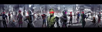 Rule 34 | 6+girls, absurdres, armor, character request, city, copyright request, crossover, genderswap, highres, kamen rider, kamen rider 01 (series), kamen rider 555, kamen rider agito, kamen rider agito (ground form), kamen rider agito (series), kamen rider blade, kamen rider blade (series), kamen rider build, kamen rider build (series), kamen rider dcd, kamen rider decade, kamen rider den-o, kamen rider den-o (series), kamen rider den-o (sword form), kamen rider double, kamen rider drive, kamen rider drive (series), kamen rider ex-aid, kamen rider ex-aid (series), kamen rider faiz, kamen rider fourze, kamen rider fourze (series), kamen rider gaim, kamen rider gaim (series), kamen rider ghost, kamen rider ghost (series), kamen rider hibiki, kamen rider hibiki (series), kamen rider kabuto, kamen rider kabuto (series), kamen rider kiva, kamen rider kiva (series), kamen rider kuuga, kamen rider kuuga (series), kamen rider ooo, kamen rider ooo (series), kamen rider ryuki, kamen rider ryuki (series), kamen rider w, kamen rider wizard, kamen rider wizard (series), kamen rider zero-one, kamen rider zi-o, kamen rider zi-o (series), letterboxed, looking at viewer, multiple boys, multiple girls, over shoulder, photo background, power armor, red eyes, shinonoko (tubamecider), spot color, standing, thumbs up, tokusatsu