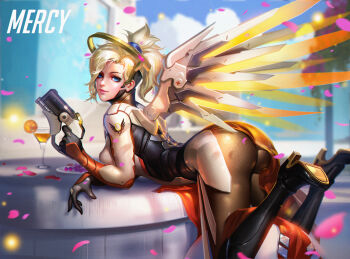 1girl arched_back ass bent_over black_boots black_gloves blonde_hair blue_eyes boots breasts building character_name closed_mouth cloud cross cup day drink drinking_glass female_focus finger_on_trigger food from_side fruit gloves glowing gun hair_ornament halo high_heel_boots high_heels high_ponytail highres holding holding_gun holding_weapon large_breasts legs_up liang_xing light_particles long_hair looking_at_viewer mechanical_halo mechanical_wings mercy_(overwatch) motion_blur orange_(fruit) orange_slice outdoors overwatch overwatch_1 pantyhose petals plant plate ponytail shade sky smile solo weapon wing_print wings yellow_wings