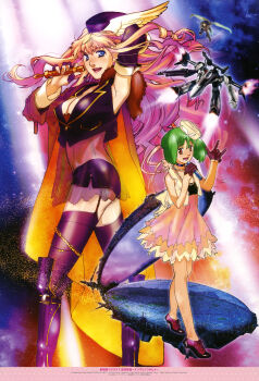 00s 1boy 2girls absurdres armpits blonde_hair blue_eyes boots breasts cleavage dress ebata_risa ex-gear gerwalk gloves green_hair hat highres jewelry legs lips long_hair macross macross_frontier macross_frontier:_itsuwari_no_utahime mecha microphone midriff multiple_girls necklace ranka_lee red_eyes robot saotome_alto sheryl_nome shorts thighhighs tornado_pack vf-25