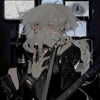 1boy absurdres baichuan_baichuan braid closed_mouth dated ear_piercing electric_guitar eyelashes face_piercing fingernails grey_eyes guitar hair_between_eyes highres instrument jewelry long_hair long_hair_between_eyes long_sleeves looking_afar male_focus monitor multiple_rings o-ring original piercing ring screentones solo square torn_clothes upper_body watermark white_hair