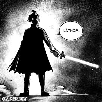 1boy absurdres arthur_boyle artist_name coat commentary en&#039;en_no_shouboutai energy_sword full_body glowing glowing_eye greyscale hatching_(texture) highres holding holding_sword holding_weapon lightsaber long_sleeves looking_at_viewer male_focus monochrome senukin shaded_face short_hair solo speech_bubble sword topknot twitter_username unsheathed weapon