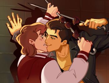 2boys anthony_stellar black_hair black_jacket blush boned_meat brown_eyes brown_hair dmitry_bratsky eye_contact food highres holding imminent_kiss jacket kabedon kiss leather leather_jacket letterman_jacket long_sleeves looking_at_another male_focus meat multiple_boys my_student_spirit open_clothes open_jacket red_jacket shirt short_hair smile sovaspilas teeth undercut upper_body yaoi yellow_shirt