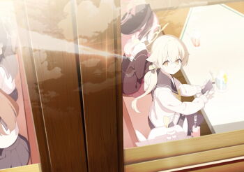 4girls artist_request blonde_hair blue_archive cellphone day from_outside game_cg halo hat hifumi_(blue_archive) highres holding holding_phone indoors koharu_(blue_archive) looking_at_viewer looking_to_the_side missile multiple_girls non-web_source official_art peroro_(blue_archive) phone pink_hair pink_halo school_uniform sitting smartphone twintails window wings yellow_eyes yellow_halo