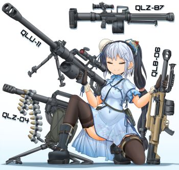 1girl 35x32mm_type_87_hv 35x32mm_type_87_hv_hedp_dfj87 35x32srmm_hv 35x32srmm_hv_hedp_dfj87 airburst_grenade_launcher ammunition ammunition_belt ammunition_focus anti-materiel_cartridge anti-materiel_rifle armor-piercing_ammunition automatic_grenade_launcher bipod black_boots black_gloves black_hair black_thighhighs blue_dress blue_hair boots bun_cover chart china_dress chinese_clothes closed_mouth combat_boots commentary computerized_scope covered_navel crew-served_weapon direct-fire_grenade_launcher dress drum_magazine dual-purpose_cartridge explosive explosive_weapon facing_viewer floral_print fragmentation_grenade fragmentation_warhead garter_straps gloves grenade grenade_cartridge grenade_launcher gun hair_bun hair_ornament harness high-capacity_magazine high-explosive_anti-tank_(warhead) high-explosive_cartridge high-explosive_dual-purpose_cartridge high_collar highres holding holding_weapon long_gun long_hair low-tied_long_hair magazine_(weapon) mikeran_(mikelan) military_cartridge multi-tied_hair multicolored_hair norinco_(firearms_manufacturer) on_one_knee original pouch precision-guided_firearm print_dress qlb-06 qlu-11 qlz-04 qlz-87 rifle scope semi-automatic_grenade_launcher semi-automatic_rifle shadow shaped_charge short_dress short_sleeves side_ponytail side_slit sight_(weapon) single_hair_bun smart_scope smart_scope_focus smile smug sniper_grenade_launcher sniper_rifle solo supersonic_ammunition telescopic_sight thermal_weapon_sight thick_eyebrows thighhighs tripod two-tone_hair v-shaped_eyebrows weapon weapon_focus weapon_mount weird_guns_of_the_world white_background xiafeng_machinery