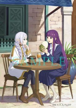 Rule 34 | 2girls, artist request, black dress, black pantyhose, blue eyes, boots, braid, brown boots, chair, commentary request, cup, day, dress, drinking glass, elf, fern (sousou no frieren), flower pot, food, frieren, grey hair, half updo, high heels, highres, long hair, looking at another, multiple girls, official art, on chair, outdoors, pantyhose, pointy ears, purple eyes, purple hair, sample watermark, sitting, sousou no frieren, steamed bun, table, twin braids, watermark, white dress