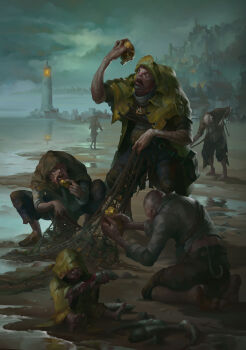 6+boys absurdres alexeykruglov beach building city cthulhu_mythos deep_one eating fish_boy highres holding holding_skull lighthouse multiple_boys net night night_sky puddle shore skull sky the_shadow_over_innsmouth tower village water