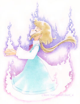 1girl aura chiori_n closed_eyes colored_pencil_(medium) commentary_request dress expressionless floating_hair from_side highres long_hair low_twintails original profile solo traditional_media twintails