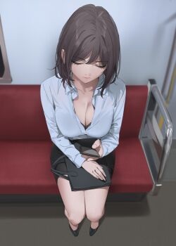 1girl bag black_bra black_skirt bra breasts brown_hair cleavage from_above high_heels highres looking_at_phone medium_hair office_lady original pencil_skirt phone shirt sitting skirt solo train train_interior underwear white_shirt yd_(orange_maru)