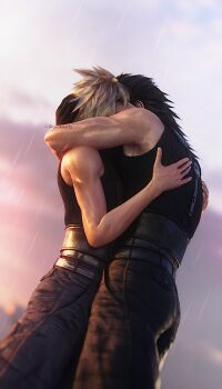 2boys 3d baggy_pants bare_arms belt black_hair blonde_hair blue_eyes cloud_strife final_fantasy final_fantasy_vii final_fantasy_vii_remake gloves hair_between_eyes highres hug multiple_boys muscular muscular_male pants rain ria-neearts sleeveless sleeveless_turtleneck spiked_hair square_enix suspenders turtleneck upper_body yaoi zack_fair
