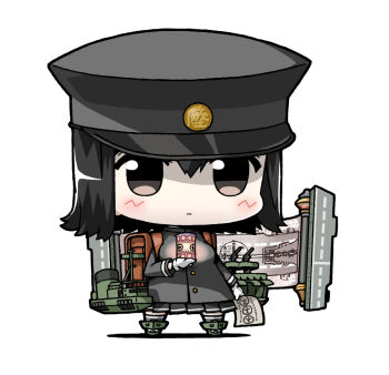 1girl akitsu_maru_(kancolle) backpack bag black_eyes black_hair black_skirt blush breasts brown_eyes chibi chibi_only closed_mouth gloves hair_between_eyes hat holding holding_lantern jacket kantai_collection lantern long_sleeves military military_uniform pale_skin peaked_cap pleated_skirt rigging scroll short_hair simple_background skirt solo white_background white_gloves yagumo_kengou