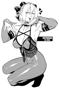 1girl ahoge breasts burustandin character_name choker collarbone detached_sleeves frilled_tank_top greyscale hair_ribbon hands_up highres kneeling laughing looking_to_the_side monochrome narrowed_eyes nipples original pointy_ears ribbon sagging_breasts short_hair solo spandex toned toned_female