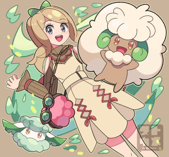 1girl :d alternate_color bag blonde_hair brown_shirt clothing_cutout commentary_request cottonee dress evolutionary_line eyelashes gen_5_pokemon grey_eyes hand_up happy highres knees long_hair nintendo official_alternate_costume open_mouth outline pink_bag pokemon pokemon_(creature) pokemon_masters_ex ribbed_shirt serena_(palentine's_2021)_(pokemon) serena_(pokemon) shirt shoulder_bag shoulder_cutout smile stchame sunglasses teeth tongue upper_teeth_only watermark whimsicott yellow_dress