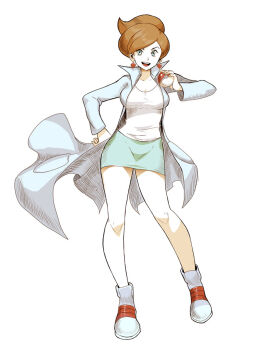 1girl :d aqua_eyes aqua_skirt boots breasts brown_hair commentary diamond-shaped_earrings earrings english_commentary eyelashes full_body genzoman hand_on_own_hip hatching_(texture) holding holding_poke_ball jacket jewelry lab_coat long_sleeves nintendo open_clothes open_jacket open_mouth poke_ball poke_ball_(basic) pokemon pokemon_bw professor_juniper shirt shoes simple_background skirt smile sneakers solo teeth upper_teeth_only white_background white_boots white_jacket white_shirt