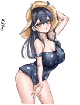 Rule 34 | 1girl, ahoge, black hair, black one-piece swimsuit, breasts, brown eyes, brown hat, bucket hat, commentary request, hat, highres, kantai collection, large breasts, leaning forward, lilshigu, long hair, one-hour drawing challenge, one-piece swimsuit, polka dot one-piece swimsuit, simple background, solo, swimsuit, twitter username, ushio (kancolle), ushio (swimsuit) (kancolle), white background