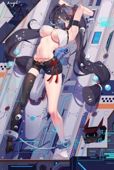 1girl absurdres armpits arms_up artist_name black_hair black_shorts black_thighhighs bound breasts commentary covered_erect_nipples crop_top female_focus fish_hair_ornament green_eyes hair_between_eyes hair_ornament highres jewelry large_breasts lc_angel long_hair machine machinery mask navel necklace no_shoes original pubic_tattoo respirator sample_watermark shiny_skin shorts single_sock single_thighhigh sleeveless socks solo stomach tassel tattoo thighhighs tied_up_(nonsexual) twintails underboob watermark white_socks