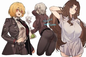 09wave_hb 3girls arm_up black_coat black_pants blue_eyes brown_hair brown_sweater closed_mouth coat commentary covered_erect_nipples don_quixote_(project_moon) erlenmeyer_flask faust_(project_moon) flask holding holding_flask lapels limbus_company long_hair looking_at_viewer multiple_girls necktie notched_lapels open_mouth pants parted_bangs project_moon red_necktie ribbed_sweater rodion_(project_moon) shirt simple_background smile smoke sweater very_long_hair white_background white_shirt