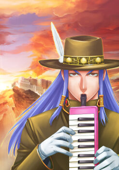 1boy absurdres blue_hair brown_hat brown_jacket building cloud collared_jacket cowboy_hat evening feathers gloves hat highres holding holding_instrument instrument jacket keyboard_(instrument) long_hair looking_at_viewer low-tied_sidelocks matsuena_shun melodica mountain music official_art outdoors playing_instrument red_eyes shijou_saikyou_no_deshi_ken'ichi sidelocks siegfried_(shijou_saikyou_no_deshi) sky solo upper_body v-shaped_eyebrows white_gloves