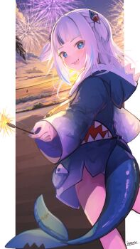 Rule 34 | 1girl, beach, blue eyes, blue hair, blue nails, blunt bangs, blush, drawstring, dusk, fins, fireworks, fish tail, from behind, gawr gura, hair ornament, haruka kanata (togassi1), highres, holding, holding fireworks, hololive, hololive english, hood, hoodie, horizon, looking back, medium hair, multicolored hair, ocean, open mouth, outside border, palm leaf, pillarboxed, shark tail, sharp teeth, signature, sky, solo, sparkler, streaked hair, sunset, tail, teeth, two side up, virtual youtuber, webp-to-png conversion, white hair