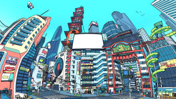 akabane_1999 awning billboard bird blue_sky building car city cityscape crosswalk day door ferris_wheel highres house lamppost motor_vehicle no_humans original outdoors power_lines radio_antenna road road_sign satellite_dish scenery shop sign sky slice_of_life stairs storefront street tower traffic_light utility_pole vending_machine