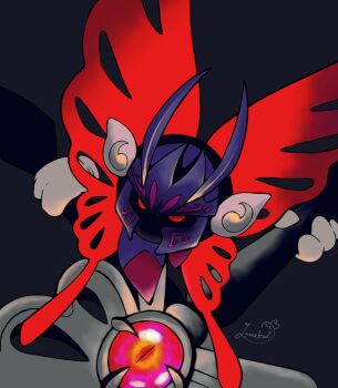 Rule 34 | alternate color, armor, butterfly wings, commentary request, gloves, highres, holding, holding sword, holding weapon, huge weapon, insect wings, kirby (series), kirby star allies, morpho knight, nintendo, pauldrons, red eyes, shoulder armor, signature, sword, weapon, white gloves, wings, yumekui mk