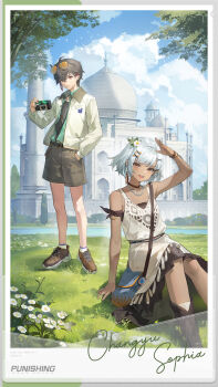 1boy 1girl absurdres ahoge aqua_shirt arm_up armlet bag bead_necklace beads black_hair black_shirt blue_bag boots bracelet brown_boots brown_choker brown_shoes brown_shorts camera changyu_(pgr) character_name choker cloud collared_jacket collared_shirt commentary copyright_name cross-laced_shoes crossed_bangs daisy_(flower) dark-skinned_female dark_skin day dress earrings english_commentary eyewear_on_head flock flower flower_on_head foot_out_of_frame full_body grass hair_between_eyes hair_ornament hand_in_pocket hand_up highres holding holding_camera india jacket jewelry knees long_sleeves multicolored_hair necklace official_art open_clothes open_jacket open_mouth orange_eyes outdoors parted_lips polaroid_photo punishing:_gray_raven red_eyes red_streaks river shirt shirt_tucked_in shoes short_hair shorts shoulder_bag single_earring sitting sky sleeve_cuffs sleeveless sleeveless_dress sleeves_past_wrists smile socks sophia_(pgr) standing streaked_hair sunglasses taj_mahal tassel tassel_earrings teeth tree upper_teeth_only viewfinder water white_dress white_flower white_hair white_jacket white_socks wristband x_hair_ornament