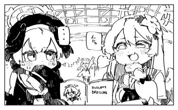 3girls beret blue_archive book feathered_wings flower hair_flower hair_ornament halo hat hifumi_(blue_archive) highres koharu_(blue_archive) magazine_(object) monochrome multiple_girls nagisa_(blue_archive) smug speech_bubble wasou_89 waving wings