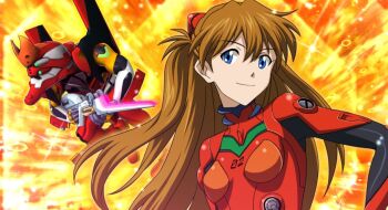 1girl bandai_namco blue_eyes bodysuit breasts brown_hair eva_02 highres holding holding_weapon interface_headset_(evangelion) knife long_hair mecha mecha_pilot_suit medium_breasts neon_genesis_evangelion orange_hair plugsuit_(evangelion) red_bodysuit robot serious smile souryuu_asuka_langley standing super_robot_wars super_robot_wars_dd two_side_up very_long_hair weapon