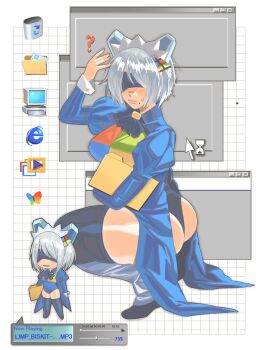 Rule 34 | 1girl, 2b (nier:automata), 2k-tan, 2k-tan (cosplay), ?, ass, blindfold, blue thighhighs, blush, chibi, chibi inset, chzzei, colored blindfold, commentary, cosplay, cursor, folder, full body, hand up, highres, holding, holding folder, hourglass, internet explorer, juliet sleeves, long sleeves, microsoft windows, mole, mole under mouth, msn messenger, nier:automata, nier (series), os-tan, progress bar, puffy sleeves, recycle bin, short hair, sleeve cuffs, squatting, thighhighs, thighs, white hair, window (computing), windows 2000, windows classic