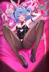 Rule 34 | 1girl, :d, animal ears, arm ribbon, arm strap, bed sheet, black bow, black leotard, blue eyes, blue hair, blush, bow, breasts, card, clothing cutout, commentary request, covered navel, detached collar, fang, fishnet pantyhose, fishnets, full body, hair between eyes, hair bow, hair ornament, half-closed eyes, hands up, hatsune miku, heart, heart-shaped pupils, heart cutout, high heels, highres, knees apart feet together, knees up, legs, leotard, long hair, lying, medium breasts, medium hair, nail polish, on back, open mouth, pantyhose, pink nails, playing card, rabbit ears, rabbit hole (vocaloid), red ribbon, ribbon, sheet grab, smile, solo, spaghetti strap, spread legs, stuffed animal, stuffed rabbit, stuffed toy, symbol-shaped pupils, thigh strap, thighs, twintails, ujunujun, x hair ornament