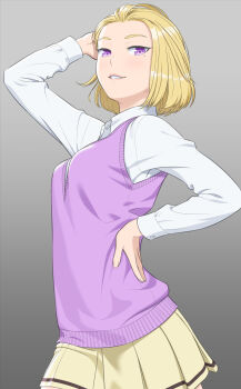 1girl arm_behind_head arm_up blonde_hair breasts collared_shirt commentary_request cowboy_shot forehead gradient_background grey_background hand_on_own_hip highres ichikawa_masahiro long_sleeves looking_at_viewer medium_breasts miniskirt mole mole_under_eye parted_lips pleated_skirt purple_eyes purple_sweater_vest rise_(watamote) school_uniform shirt short_hair simple_background skirt smile solo sweater_vest watashi_ga_motenai_no_wa_dou_kangaetemo_omaera_ga_warui! white_shirt yellow_skirt