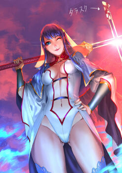 1girl blue_eyes blue_thighhighs breasts capelet center_opening cleavage fate/grand_order fate_(series) gauntlets gold_trim highres large_breasts long_hair looking_at_viewer martha_(fate) navel one_eye_closed pelvic_curtain pink_sky purple_hair purple_skirt skirt sky smile solo staff thighhighs thighs twilight veil white_capelet wide_sleeves yand