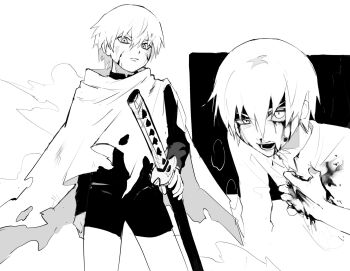 1boy blood blood_on_clothes blood_on_face child cloak closed_mouth commentary devil_may_cry_(series) greyscale hair_down hashtag-only_commentary highres holding holding_sword holding_weapon injury katana long_sleeves looking_at_viewer looking_to_the_side monochrome multiple_views sanpaku short_hair sword torn_cloak torn_clothes uneven_eyes utopia_87115256 vergil_(devil_may_cry) weapon yamato_(sword)